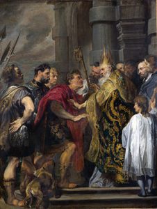 Ambrosius physically barring Theodosius from entering the cathedral